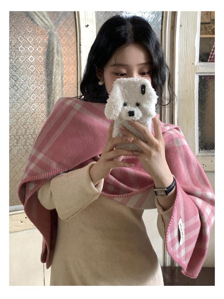 Korean Retro Pink Plaid Scarf for Women - Warm Autumn/Winter Neck Protection Shawl