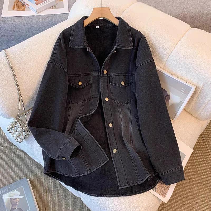 Denim Jacket Blouse Shirt for Women Long Sleeve Fleece Thicked Casual Vintage Oversize Plaid Loose Coat Top