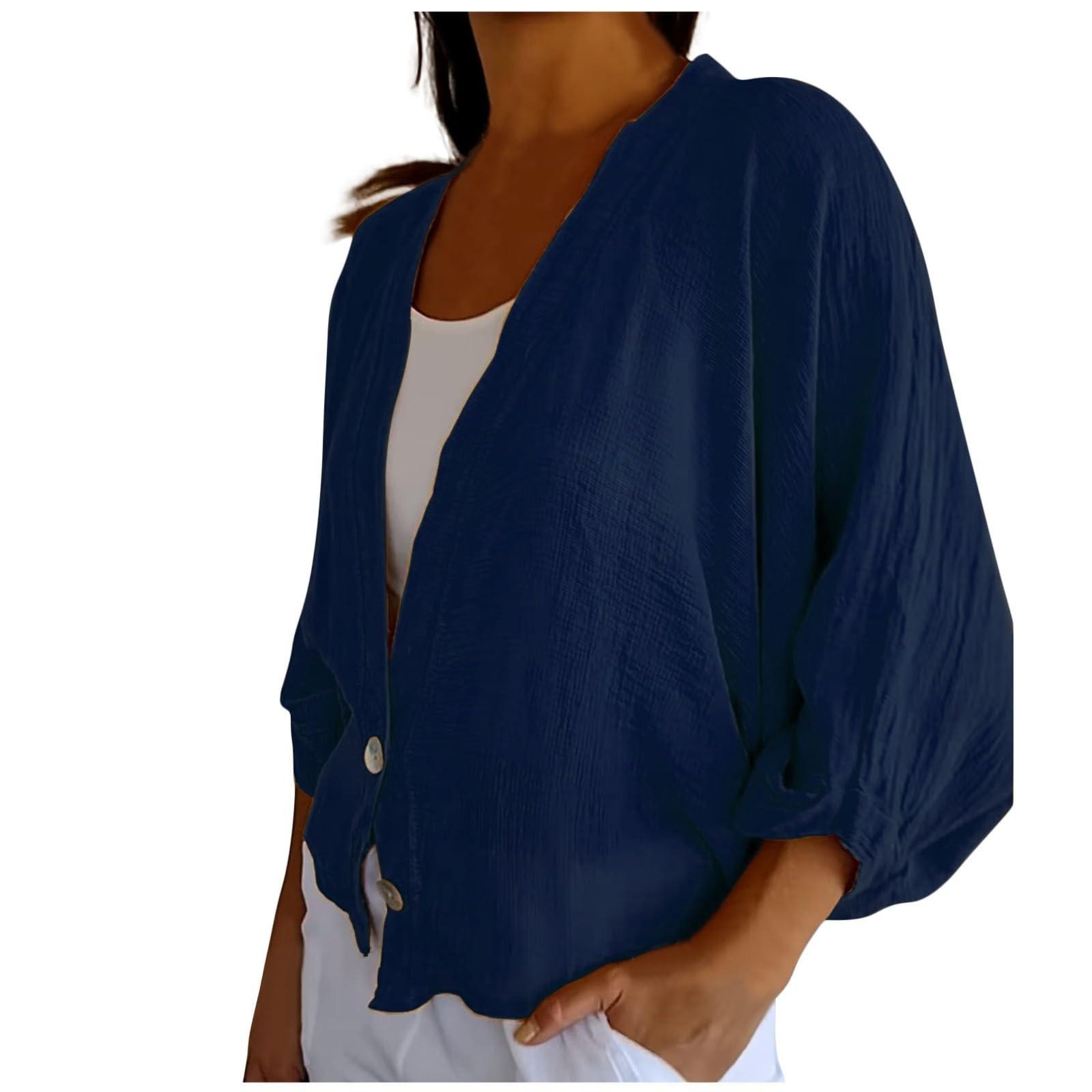 

Летние льняные топы для женщин, свободные рукава, блузки на пуговицах с v-образным вырезом, женские повседневные прикрывающие солнцезащитные рубашки S тёмно-синий