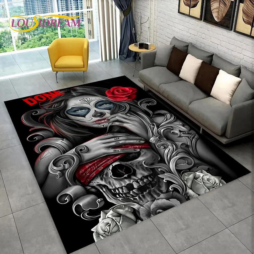 3D Gothic Horror Female Skull Dead Girl Area Rug,Carpet Rug for Home Living Room Bedroom Sofa Doormat Decor,Non-slip Floor Mat