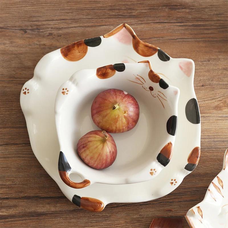 Cartoon Cat Ceramic Plate Cute Cat Shaped Dining Plate Irregular Salad Bowl Japanese Tableware Main Course Decoration Plate