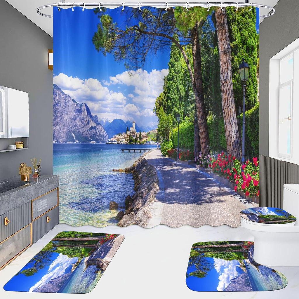 High Definition Digital Printing Shower Curtain Four-Piece Set Of Non-Punching Bathroom Bathroom Bathroom Partition Curtain Landscape