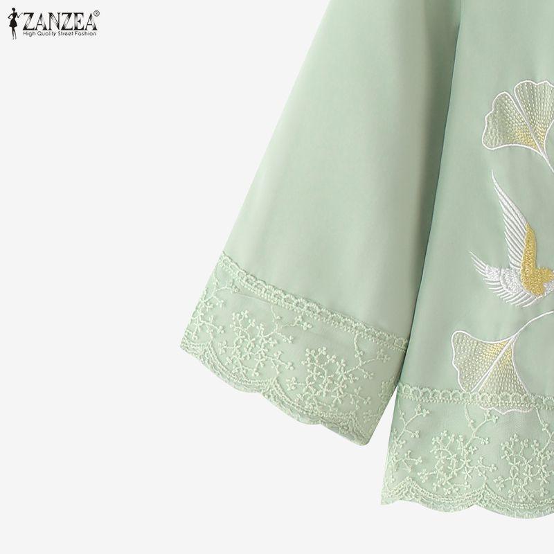 ZANZEA Women Casual Round Neck Loose Embroidery 3/4 Sleeve Blouse