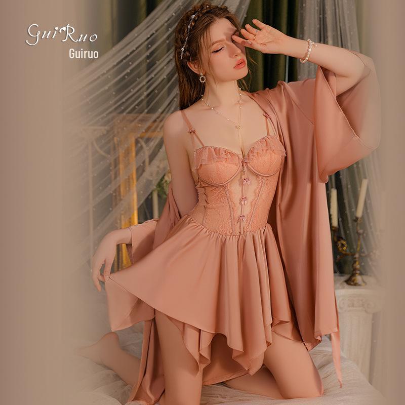 Guiruo Satin Lace Nightdress & Robe Set with Chest Pad