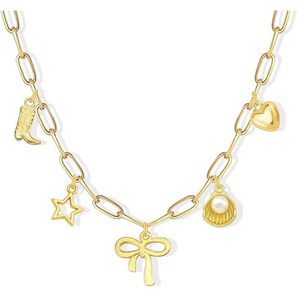 Paper Clip Necklace Bow Pentagram Shell Pearl Love Denim Boots Necklace