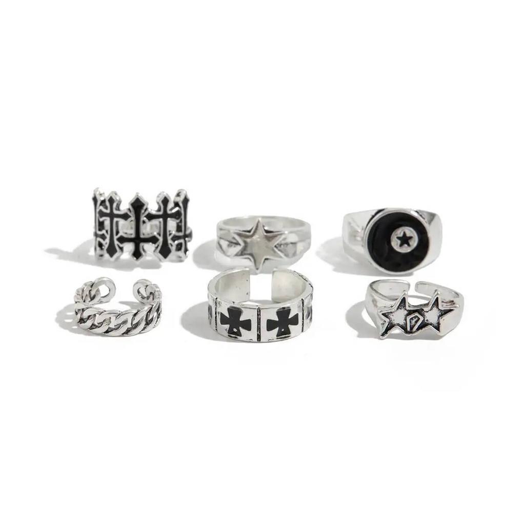 IngeSight.Z 6Pcs/Set Punk Black Pentagram Star Rings Women Men Punk HipHop Silver Color Geometric Thick Finger Ring Y2K Jewelry
