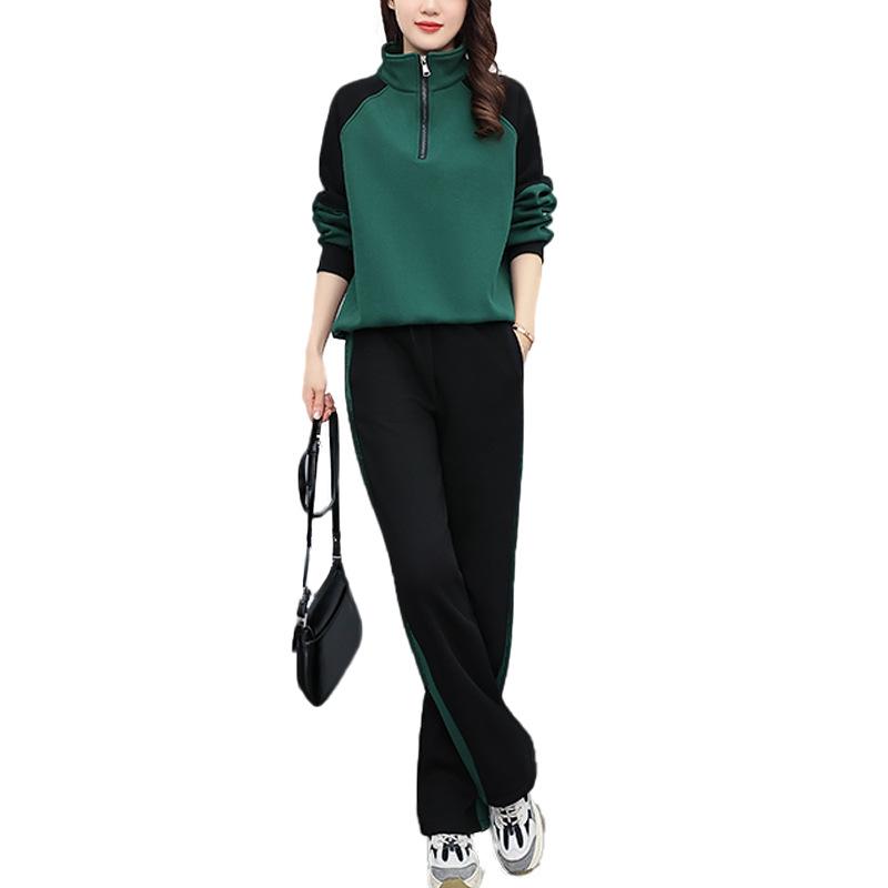 Women's Spring/Autumn Casual Sportswear Set - Loose, Age-Reducing, Spliced Sweatshirt Two-Piece Ensemble