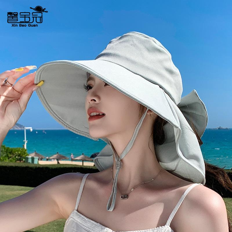 Spring and Summer Big Eaves Shawl Neck Protector Bucket Hat Outdoor Sun Protection Sun Hat Fashion with Ponytail Hole Hat Women