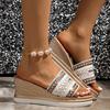 Women's Chunky-Soled Flip-Flops with Wavy Patterned Colorful Woven Straps and Round-Toe Straight-Cut Design