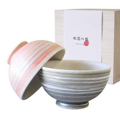 Arita Ware Pair of Rice Bowls, Higashihara Kiln, Uzuki, Large and Small, Stylish, In a Wooden Box.