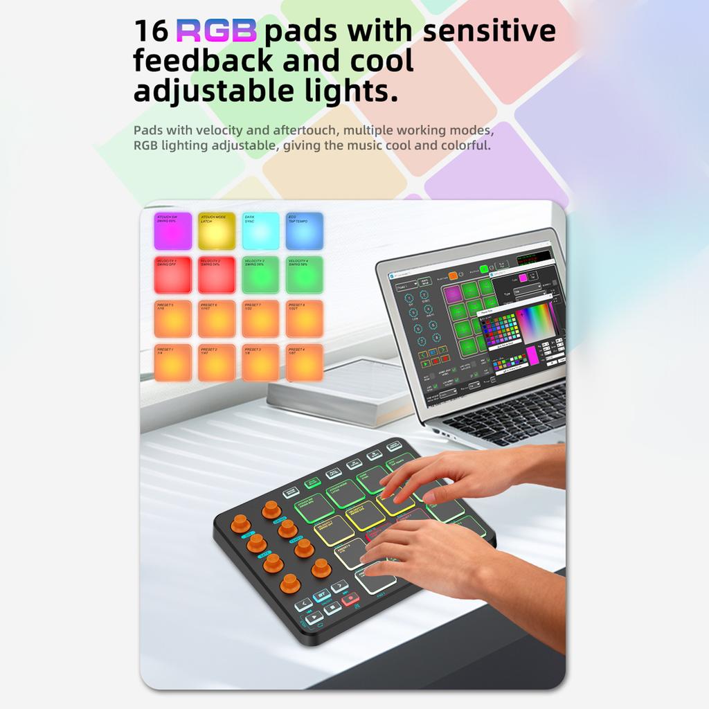 MIDI Controller Wireless MIDI Keyboard Pad 16 RGB Pads 6 Customizable Buttons 8 Knobs Rechargeable PC Mobile App Support for Beginners