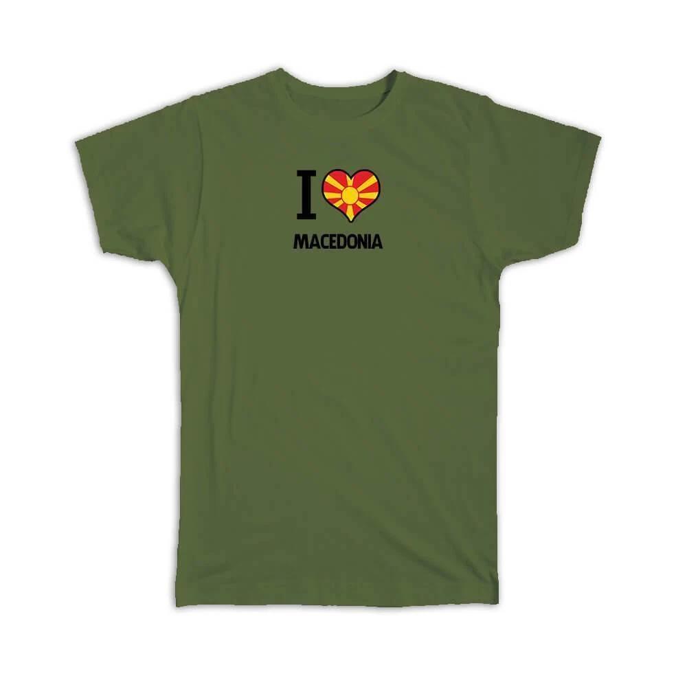 Gift T-Shirt : I Love Macedonia Flag Heart Country Crest Macedonian Expat 3XL