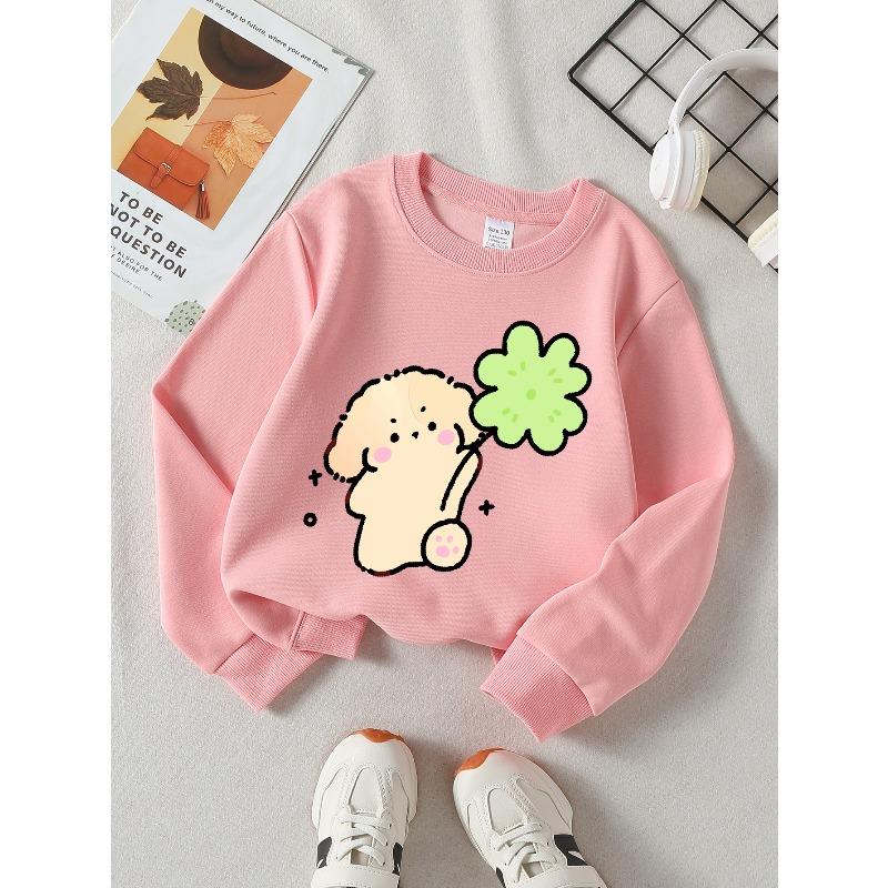 Kids Long‑Sleeve Crewneck Sweatshirt, Cute Dog Holding Clover Print,Daily Casual Top for Spring & Autumn