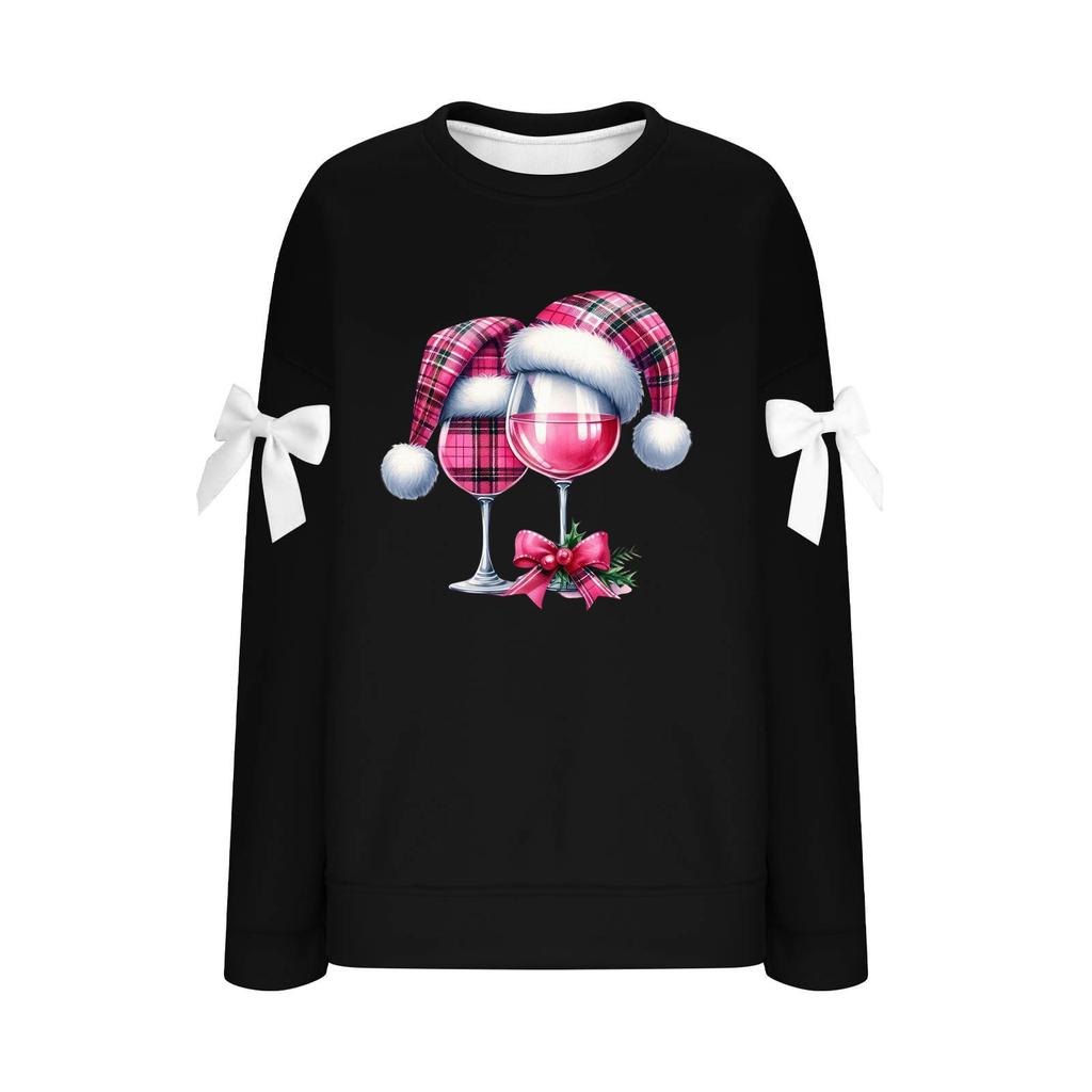Ladies' Christmas Printed Bow Round Neck Long Sleeved Loose Pullover Sweater Sweatshirt Top