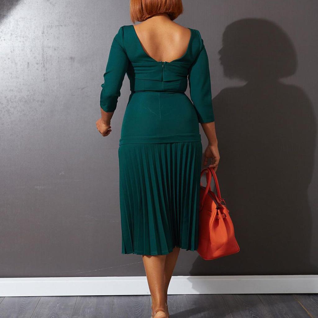 Women Spring Autumn Fashion Sexy Square Collar Dress Ladies One Piece Solid Long Sleeves Pleated Sheath Dress