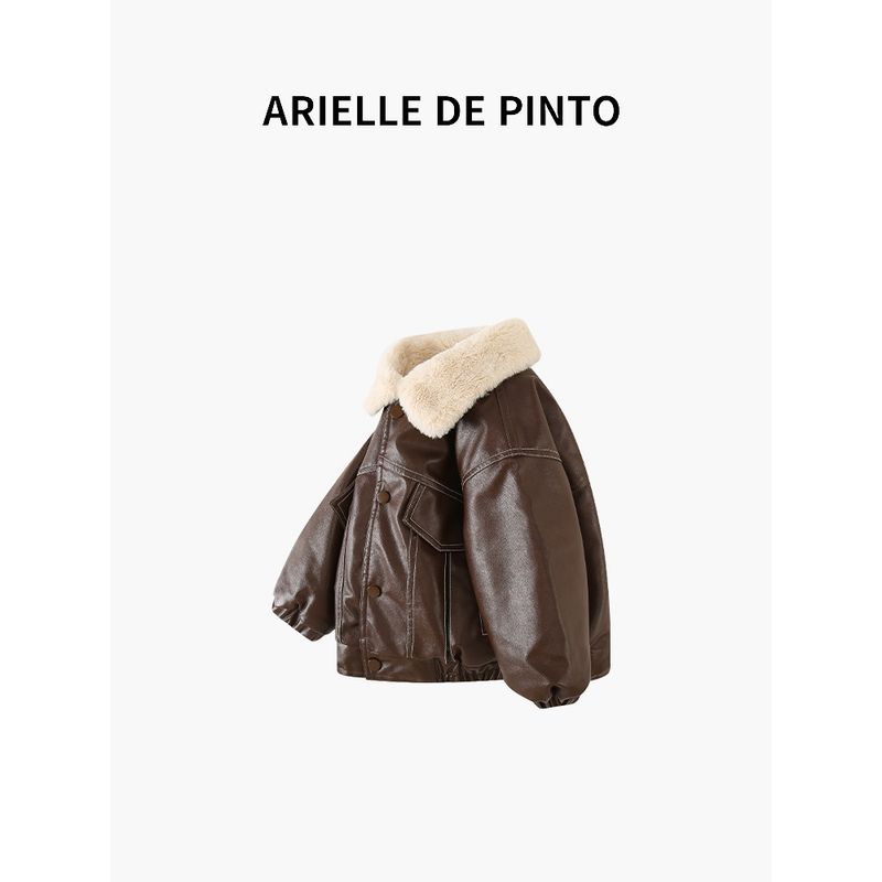 French Arielle De Pinto Boys' Fleece-Lined Leather Jacket, Stylish and Trendy Autumn and Winter Children's Jacket Cotton Coat