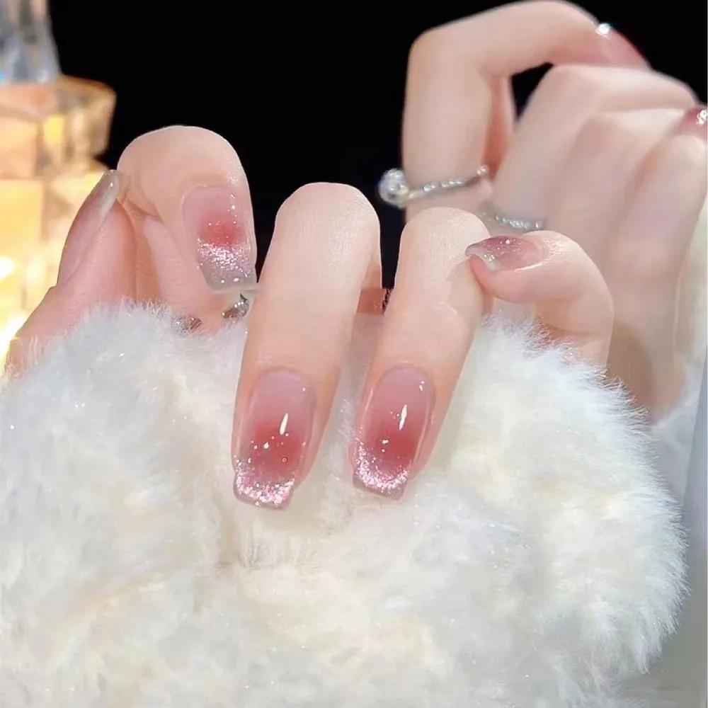 Detachable Cat's Eye French Fake Nails Wearable Manicure Faux Fingernails Press on Nails Square Head Full Cover False Nail Women