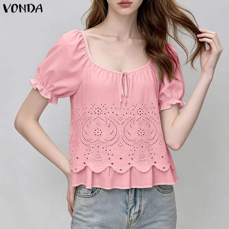 VONDA Camicie Bluse Casual Estive da Donna con Scollo a U, Intreccio di Pizzo all'Uncinetto sul Davanti, Manica Corta