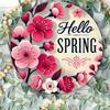 Metal Wall Art Hello Spring Pink Sakura Circle 20x20cm Bedroom Decor