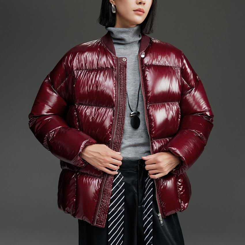 Goose down jacket women's glossy baseball jacket high-end stand-up collar short loose thickened jacket winter new