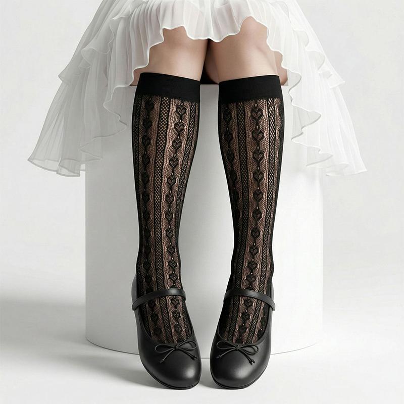 Lace Stockings Openwork Heart Jacquard White Calf Socks Students Thin Mid-Calf Socks