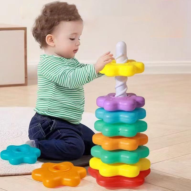 Montessori Rotating Rainbow Tower Baby Stacking Puzzle Toddler Toys Children Motor Skill Game Spinning Stacking Toys 1 To 2 Year