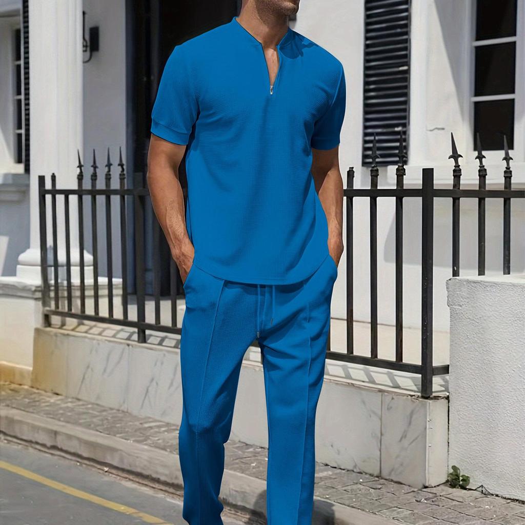 Men's 2024 Cross-border Casual Short-sleeve Waffle Polo and Pants Set