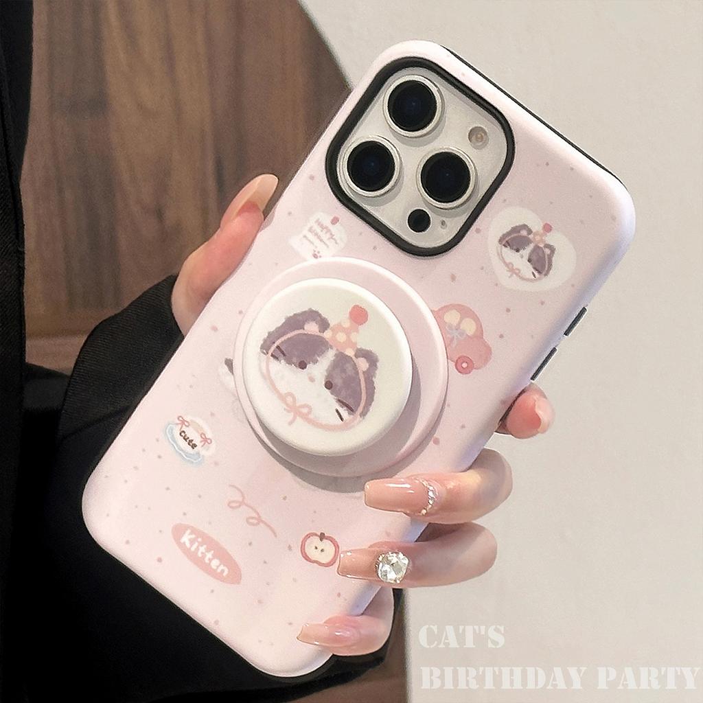 Cute Pink Cat Magnetic Stent Apple IPhone 16 Suitable for 13 Philly Phone Case 15 Promax Korean 14