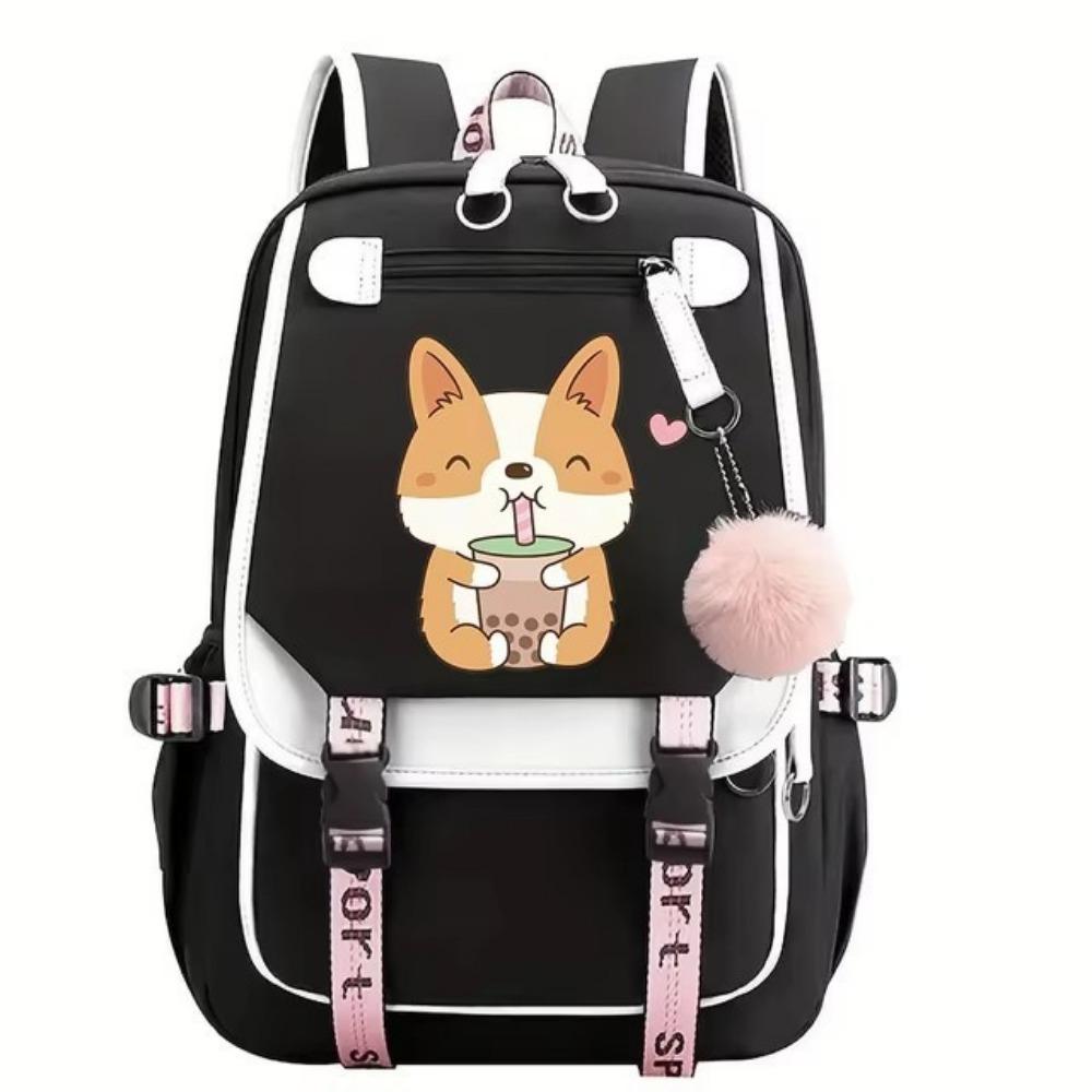 Cute Pattern Corgi Drink Milk Tea Printed Schoolbag Middle School Student Junior High School Large Capacity Schoolbag Travel Bag