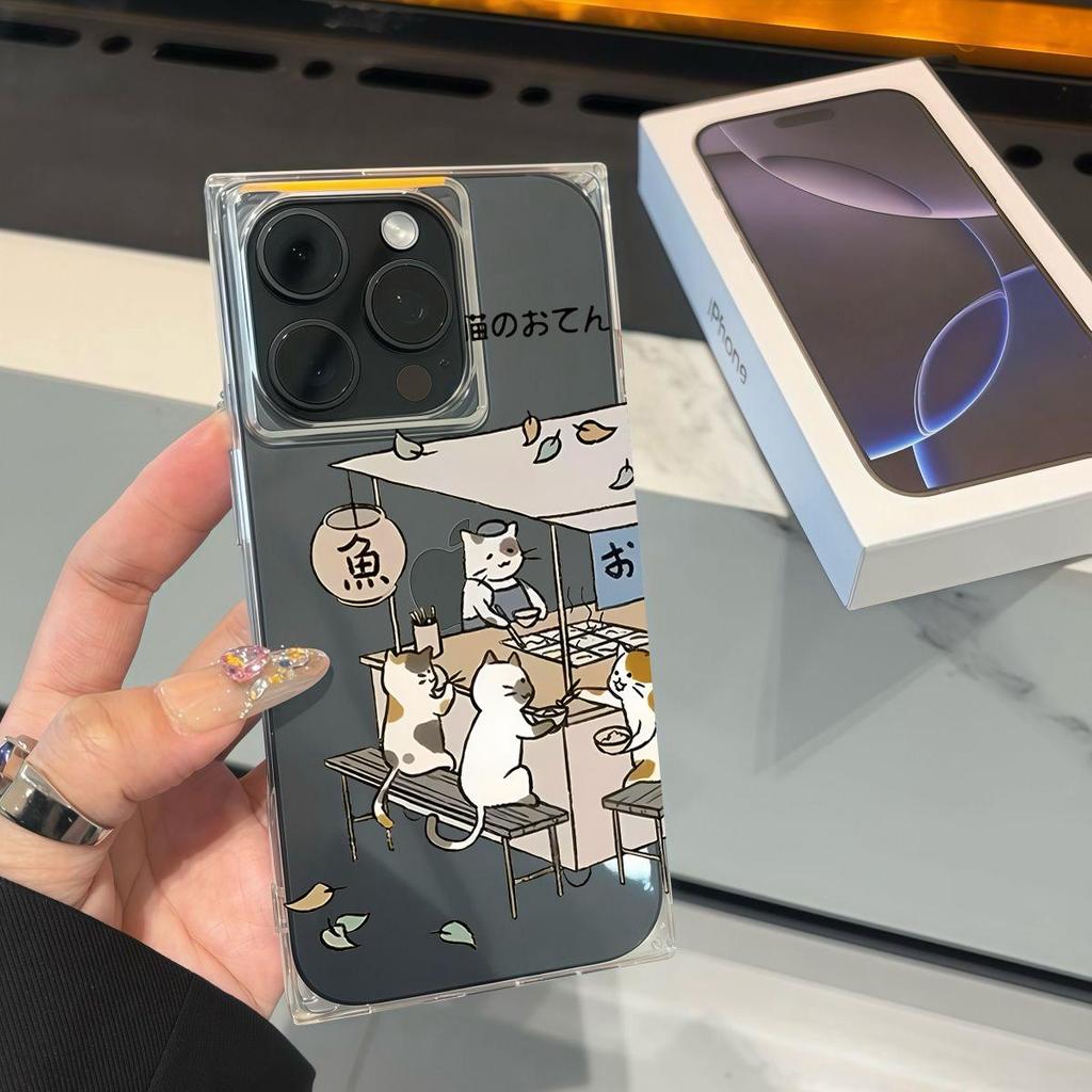 Square Back Tube Protection Clear Case For iPhone 11 14 Pro Max 16 ProMax 15 Plus 12 13 Anti-Oxygen,Cooking Cat Pattern Casing