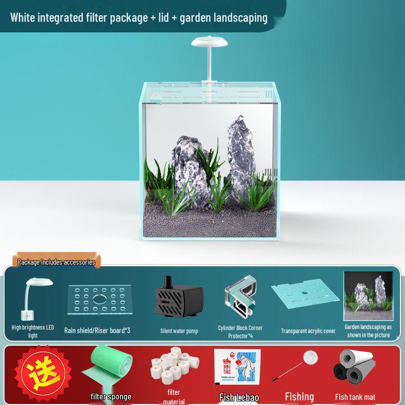 Compact Ultra-White Glass Fish Tank with Back Filter - Minimal Maintenance Desktop Aquarium for Goldfish