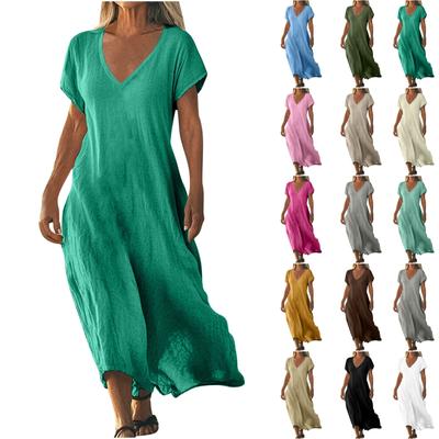 Fashion Women's Solid Color V-neck Long Dress Loose