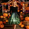 Women’s Round Neck Halloween Print Dress Casual Long Sleeve A Line Fit with Waist Belt and Themed Graphic Pattern