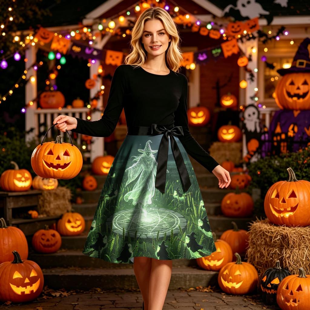 Women’s Round Neck Halloween Print Dress Casual Long Sleeve A Line Fit with Waist Belt and Themed Graphic Pattern