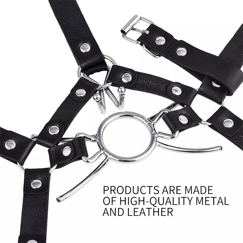 Bdsm Sex Toys PU Leather Slave Face Mouth Gag with Congestion Nose Hook Metal Ring for Woman Men Horse Harness SM