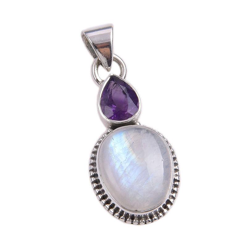 Natural Rainbow Moonstone, Amethyst Gemstone 925 Solid Silver Pendant 1.50" D9l09