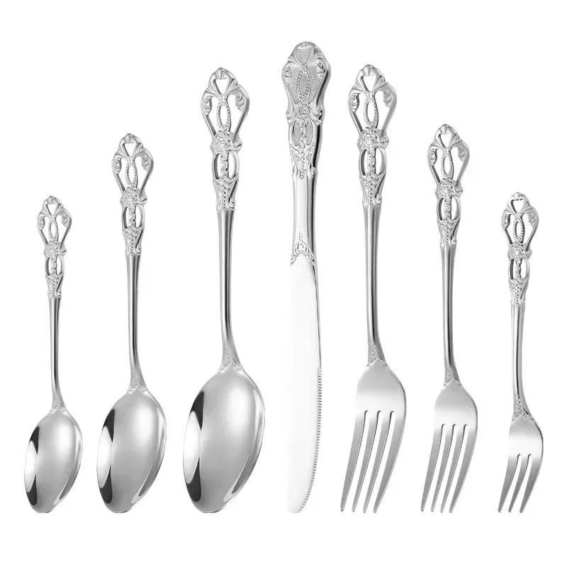 European Style Stainless Steel 4pcs Dinnerware Set - Retro Hollow Design Gold Spoon, Fork and Royal Steak Knife for Home Decor
