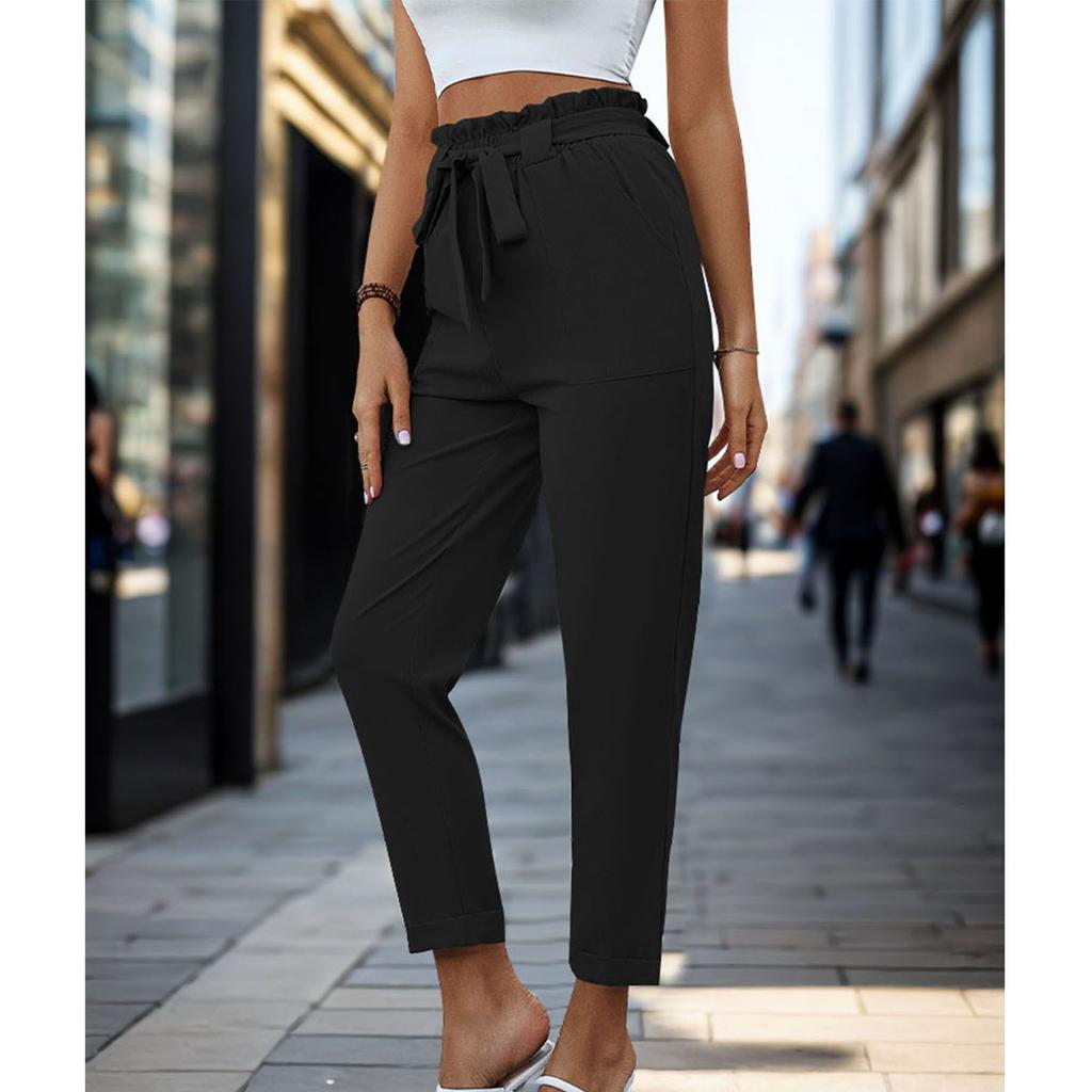 Women's Casual And Fashionable Color Pleated Straight Leg Rolled Up Casual Pants
