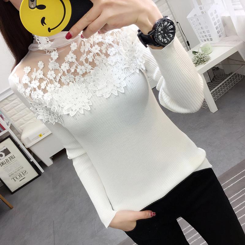 Korean Version High Neck Pullover Sweater with Women's Lace Splicing Hollowed Out Slim Fit Long Sleeved Knitted Base Sweater