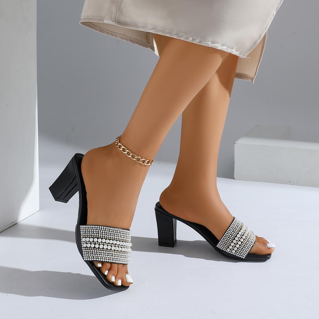 Fashion Elegant White Pearl Bead Decoration Strap Slip On Sandals Women 2025 Summer Square High Heels Slippers Fashion Wedding Shoes