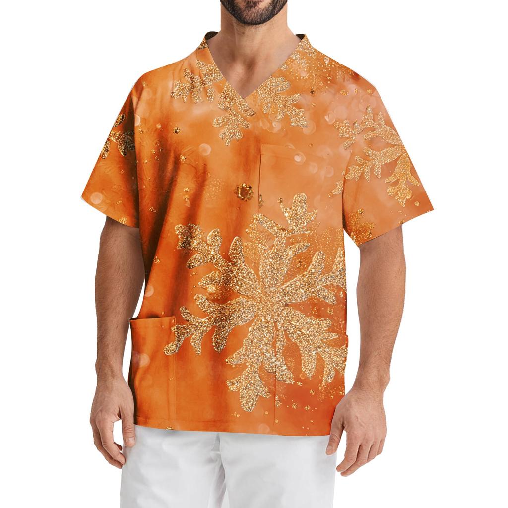 Men's Printing Short Sleeve V-neck Working Blouse Chest Pocket Carer Top
