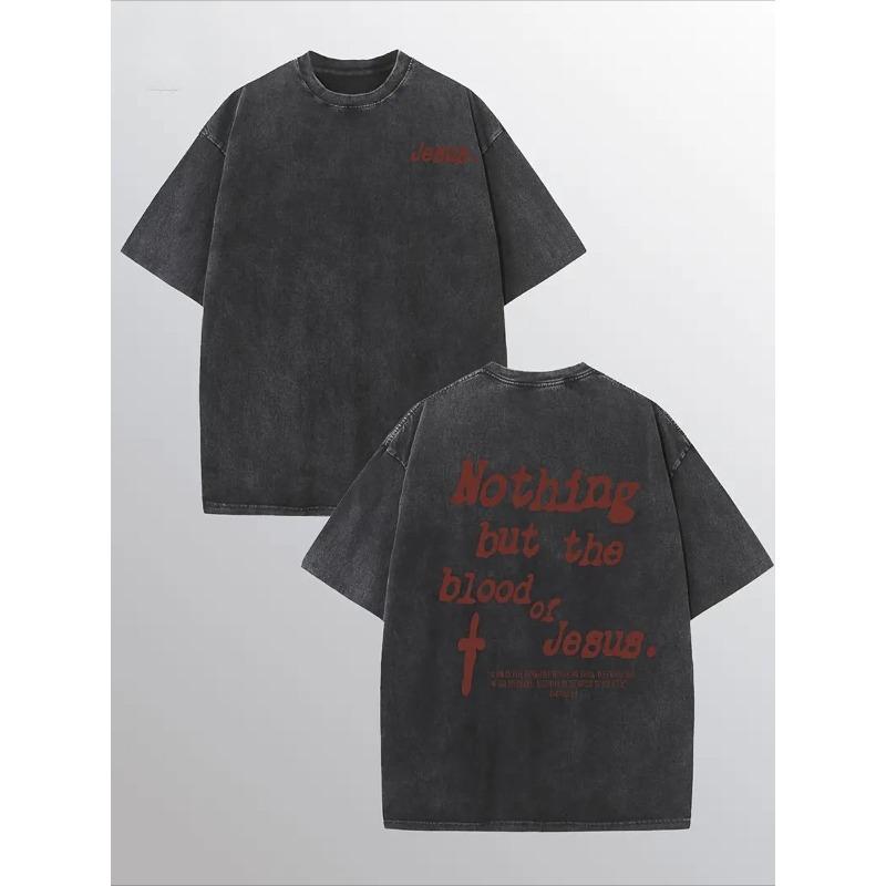 Double-Sided Washed BUTCHEBLOODOFJESUS Printed T-Shirt, High-Quality Wax Printed Cotton Retro Fashion Brand T-Shirt, Suitable for Summer T-Shirts S чёрный