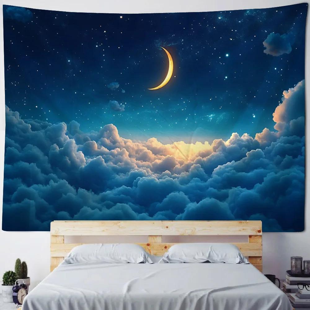 Dreamy Gradient Moon Sky Tapestry with Pink Clouds Wall Hanging Cloth for Romantic Living Room And Bedroom Decor