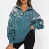 Women's Fashion Casual Oversized Drop Shoulder Floral Print Long Sleeve Zipper Sweatshirts Outdoor