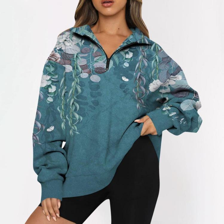 Women's Fashion Casual Oversized Drop Shoulder Floral Print Long Sleeve Zipper Sweatshirts Outdoor