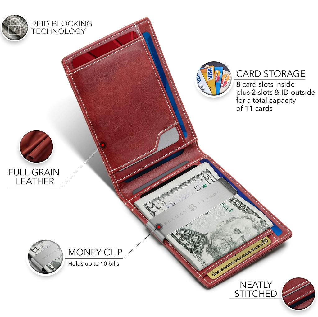 Serman Brands Money Clip Wallet Slim Front Pocket RFID Blocking Card Holder Minimalist Bifold - Men's