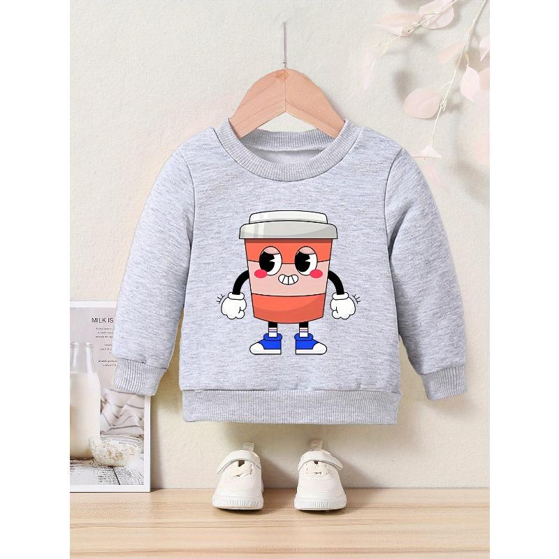 Kids Cartoon Coffee Cup Print Crew Neck Sweatshirt - Regular Fit, Applique Detail, Slight Stretch, Casual Style