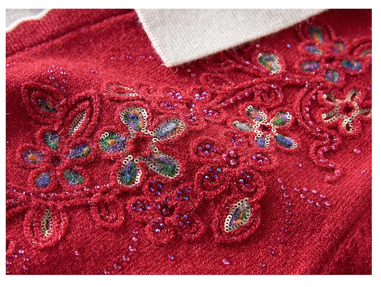 Elegant Embroidered Knit Lapel Sweater for Middle-Aged & Elderly Women - Autumn/Winter Style