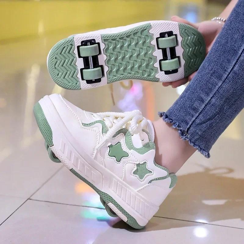 Removable Pulley Skate Skating Roller Skate Shoes for Boys Girls Upgraded Speed Sneakers with 4-Wheels for Kids Racing Skates