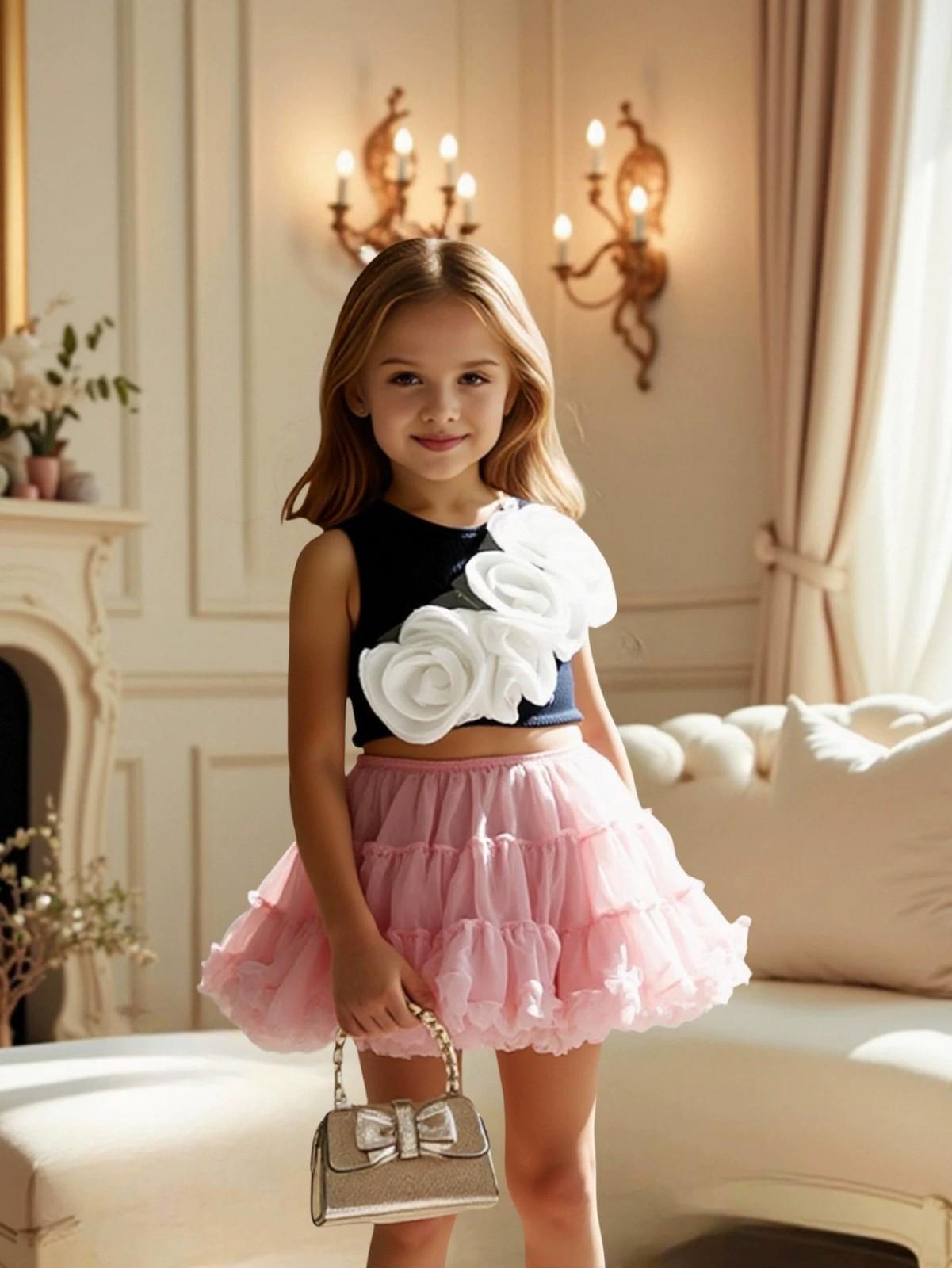 

Girls 3D Flower Top & Skirt Two-Piece Set 130 розовый